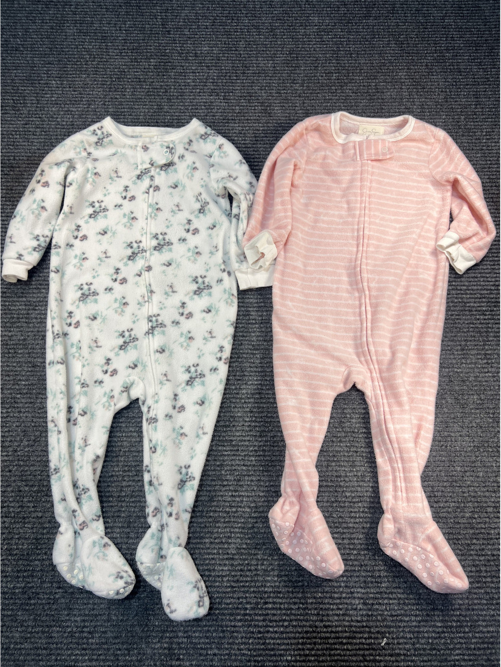 Jessica Simpson Baby Girl Pink Stripe & Blue Floral Footed One Piece Pajamas 18M